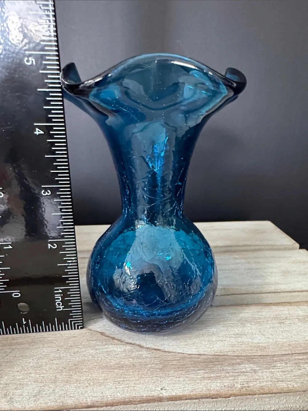 VTG Blue Crackle Glass Vase Ruffled Rim Hand Blown Art Glass Mid-Century